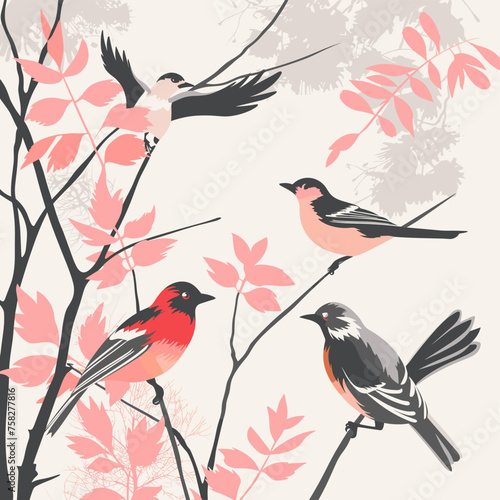 Vector with bullfinches and rowan branches, hand drawn in pastel colors