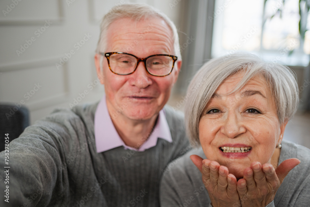 Happy senior woman man talk on video call with friends family. Mature old grandmother grandfather talking speaking with grown up children online. Older generation modern tech usage. Webcamera view Happy senior woman man talk on video call with friends family. Mature old grandmother grandfather talking speaking with grown up children online. Older generation modern tech usage. Webcamera view