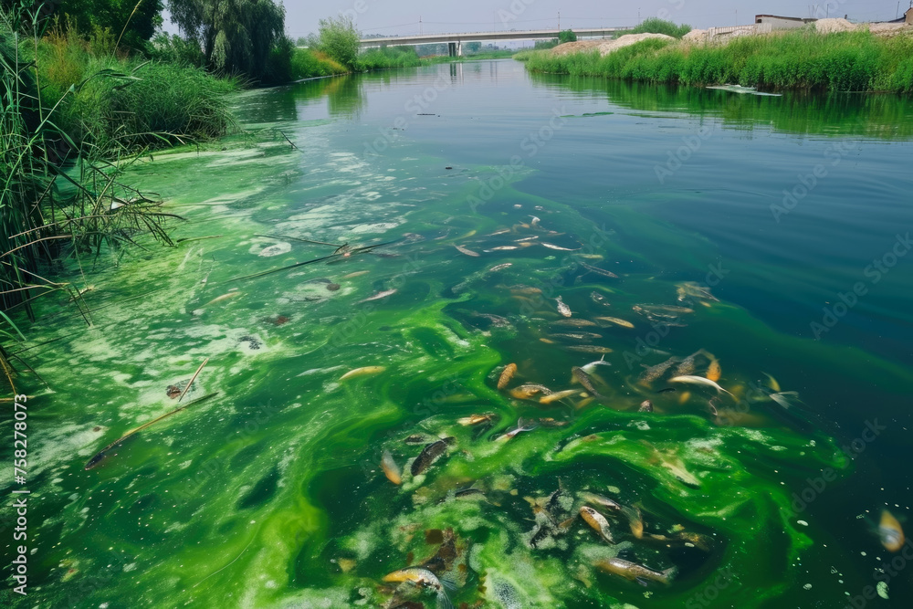 river polluted by industrial waste. The water is green and slimy, and there are dead fish floating on the surface