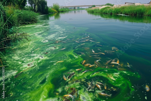 river polluted by industrial waste. The water is green and slimy  and there are dead fish floating on the surface