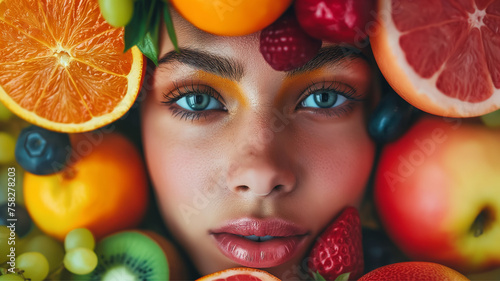 Beautiful woman with fresh fruits around her head. Close-up. 