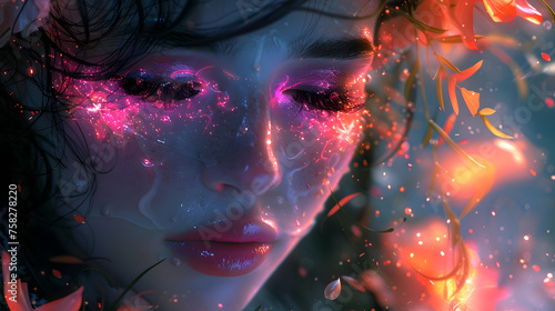 A captivating digital art piece featuring ethereal lights surrounded by delicate flowers in a mystical arrangement
