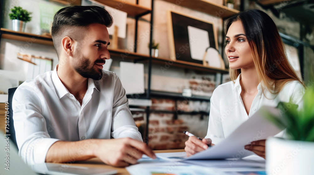 Efficiency at its Finest, Man and Woman Coworkers Collaborate on Documents in the Office, Generative AI Efficiency at its Finest, Man and Woman Coworkers Collaborate on Documents in the Office, Generative AI
