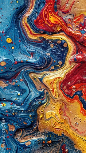Vivid swirls of blue, red, and yellow create a dynamic and colorful abstract fluid art composition.