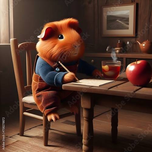 A red-haired guinea pig in a corduroy jumpsuit and blue shirt sits at a wooden table.