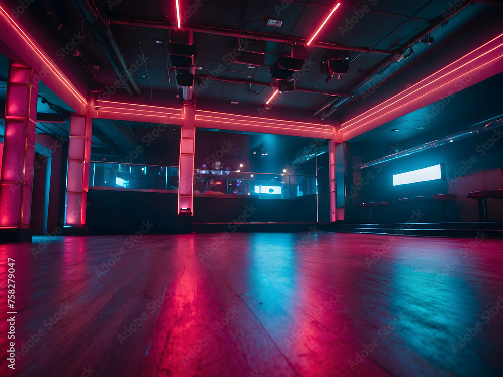 Neon Lit Empty Nightclub with Dance Floor. An empty nightclub with vibrant neon lights and a spacious dance floor, copy space, template for background design.