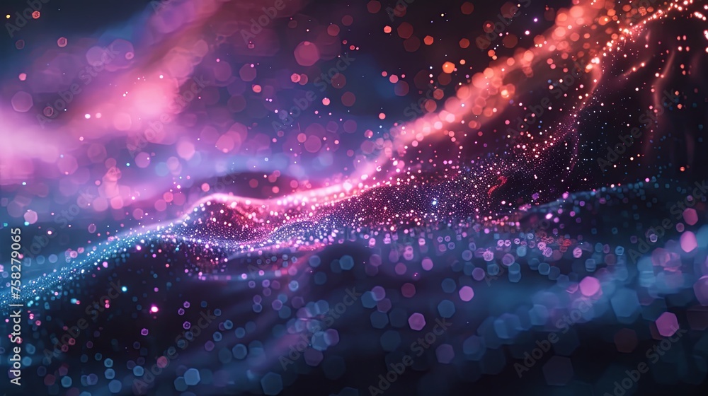An abstract depiction of network connections with sparkling nodes in blue and pink hues, symbolizing digital communication. - obrazy, fototapety, plakaty 