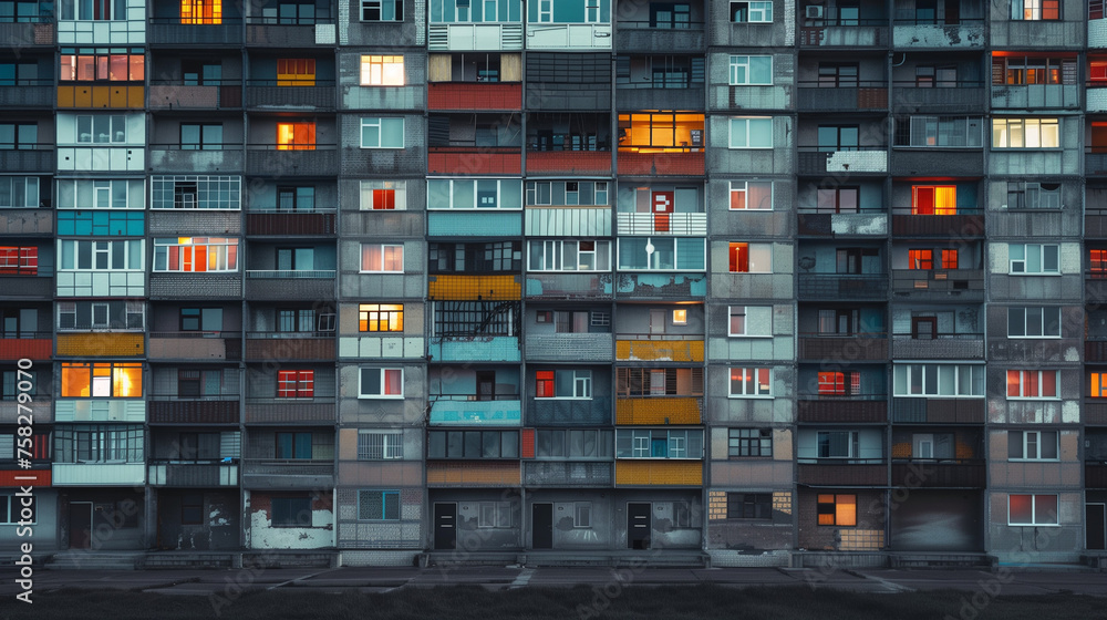 Colorful Facades of Urban Apartments at Dusk