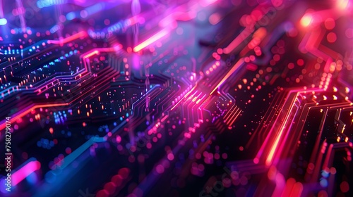 Close-up of a futuristic circuit board illuminated by neon blue and pink lights, depicting advanced technology.