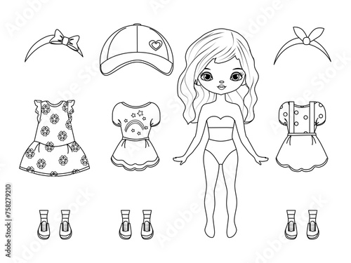 Paper doll clothes. Paper doll outline. Coloring page, Coloring book. Cute girl with clothes set. Vector illustration isolated on white background. Dress up, cutouts, cut out. Fashion girl. Toy, game