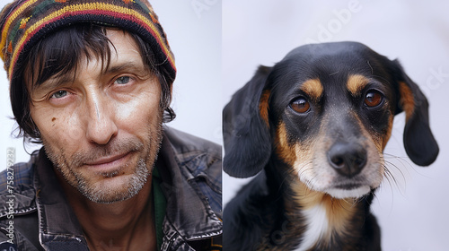 um hippie jamaicano usando gorro e jaqueta Rasta, com seu amigo cachorro photo