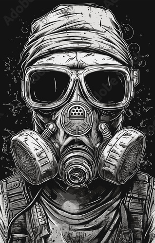 man in gas mask. Hand drawn vector illustration on black background.