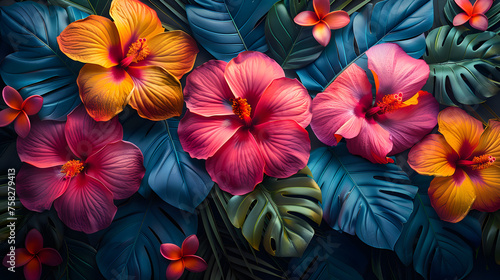 Wallpaper Mural Close-up of radiant tropical hibiscus flowers amongst lush green leaves, embodying exotic beauty and vitality Torontodigital.ca