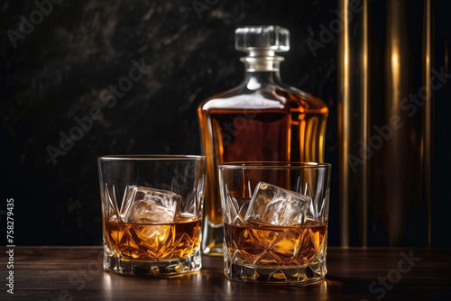 two glasses of whiskey with ice, decanter of whisky on bar counter, blurred moody dark background, selective focus. refined indulgence, relaxation. Upscale bars, whiskey brands, luxury lifestyle