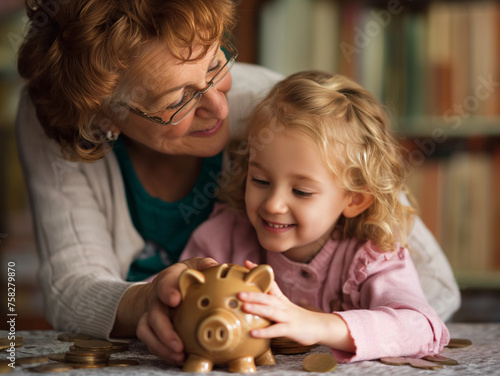 Grandmother teaches her granddaughter to save money. Piggy bank, family and joy. Finance, money, coins, wealth. Cryptocurrencies and long-range investing. Family warmth, smiles and love.