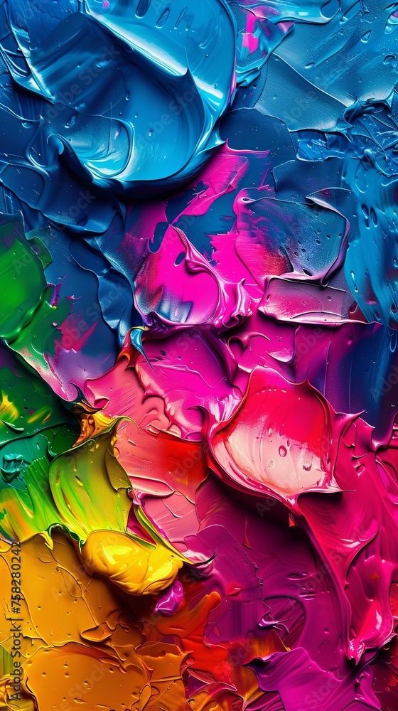 A vivid display of swirling multicolored paint, creating a dynamic and textured abstract artwork.