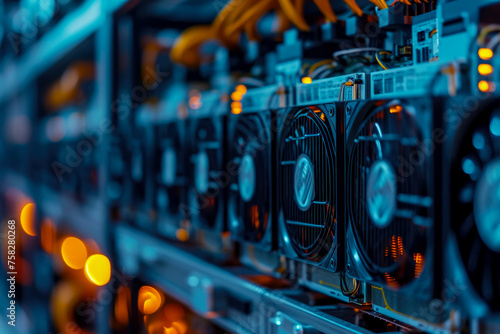close-up of a cryptocurrency mining farm. The farm is large and efficient, and there are other farms in the background