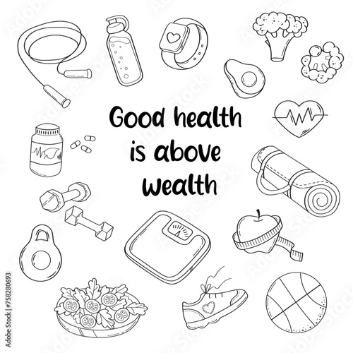 Weight loss, fitness and healthy lifestyle. Vector set of cute elements in doodle style. 
