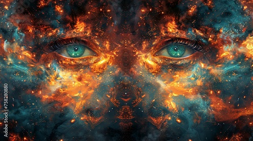 Artistic representation of fiery nebulae superimposed on human eyes, symbolizing vision beyond the universe.