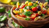 Close-up of a vibrant Mediterranean pasta salad with fresh tomatoes, olives, and basil in a wooden bowl.