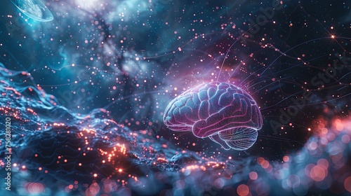 Digital illustration of a human brain with glowing neural connections in a cosmic environment  symbolizing complex thought processes.
