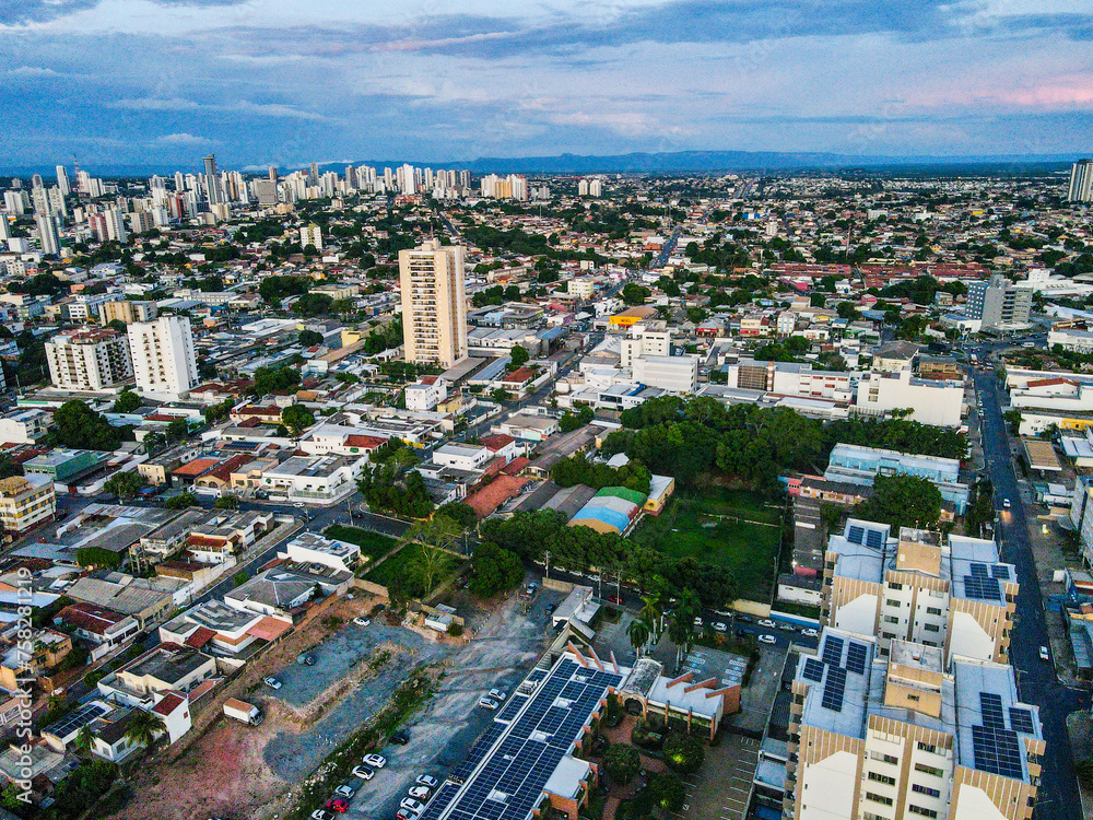 Aerial cityscape at sunset during summer in central Cuiaba
