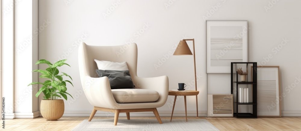 Minimalist living room setup with a stylish armchair, wooden stool, decor items, black poster frame, book, and personal accessories in a contemporary home design.