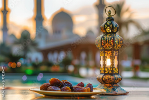 Ramadan symbols such as lantern, date fruits and wooden rosary