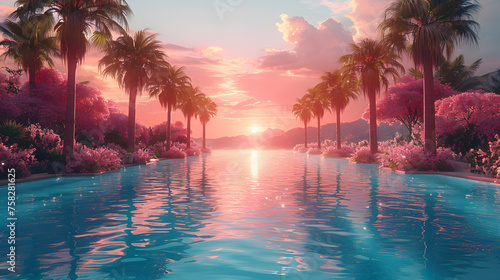 A photorealistic rendering of a beautiful tropical sunset with pink blossoms and tranquil waters