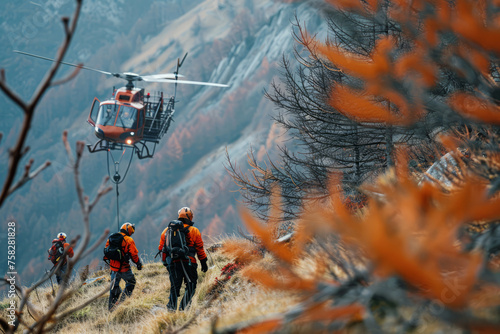 Team of rescuers in orange uniforms walks through a rugged terrain with a helicopter hovering nearby during a mountain rescue operation.