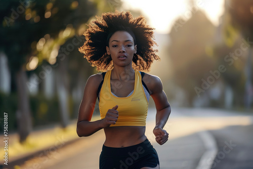 A multiethnic woman jogging on a street with soft diffused light and blurred background, wearing a yellow workout top and black shorts