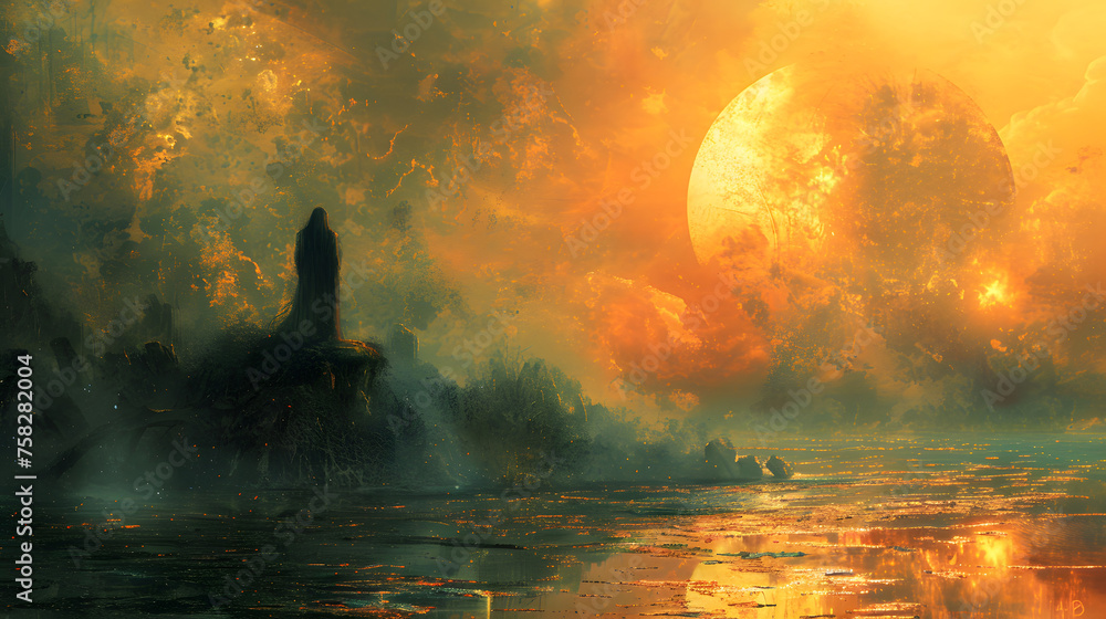 A silhouette of a lone figure stands against a surreal, fiery landscape with towering moons, evoking an otherworldly ambience A silhouette of a lone figure stands against a surreal, fiery landscape with towering moons, evoking an otherworldly ambience
