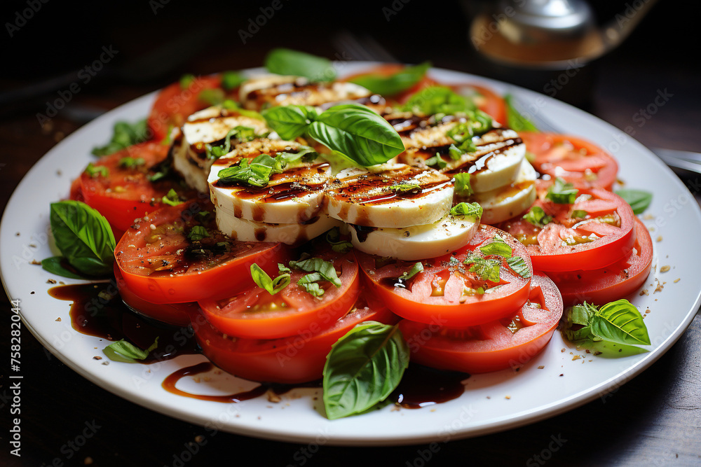 A classic Caprese salad with ripe tomatoes, mozzarella slices, and fresh basil