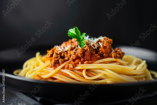 Italian pasta on plate with basil leaves. Portion of spaghetti Bolognese on table
