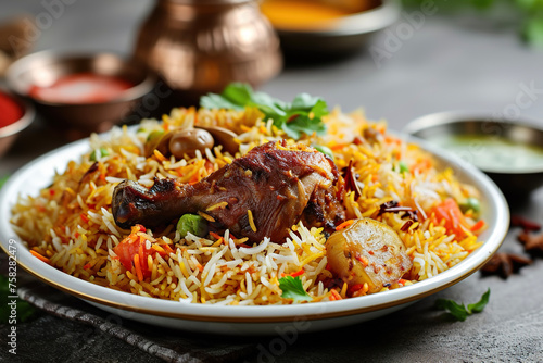A plate of biryani, a mixed rice dish with its origins in the Indian subcontinent.