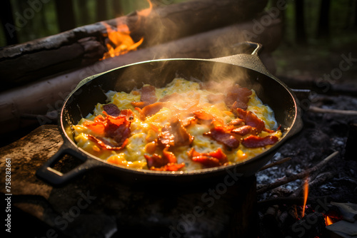 Embrace the wilderness with a delicious camping breakfast featuring scrambled eggs and savory bacon cooked over an open flame Generative AI,