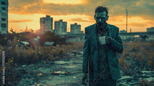 A zombie business man in a suit clutching a coffee mug amidst a desolate urban dawn