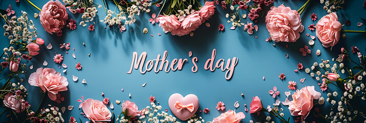 A greeting card for Mother's Day, flowers on a blue background with the inscription Mother's Day , very colorful and delicate.