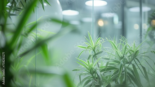 There are plants behind frosted glass