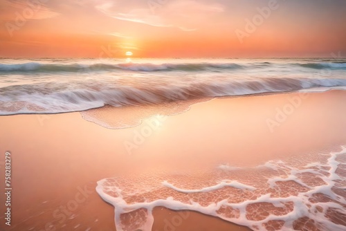 A peaceful shoreline with crystal-clear waters reflecting the soft colors of a pastel peach sunset, as gentle waves roll onto the sandy beach © Goshi