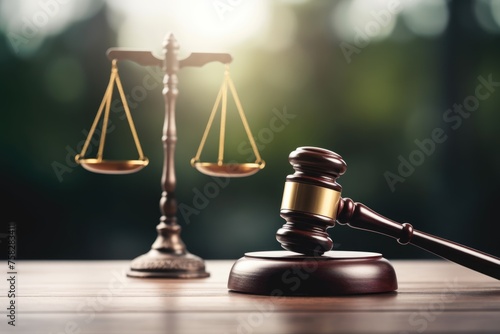 Wooden gavel and brass scales on a table, symbolizing law and justice, with a green blurred background.