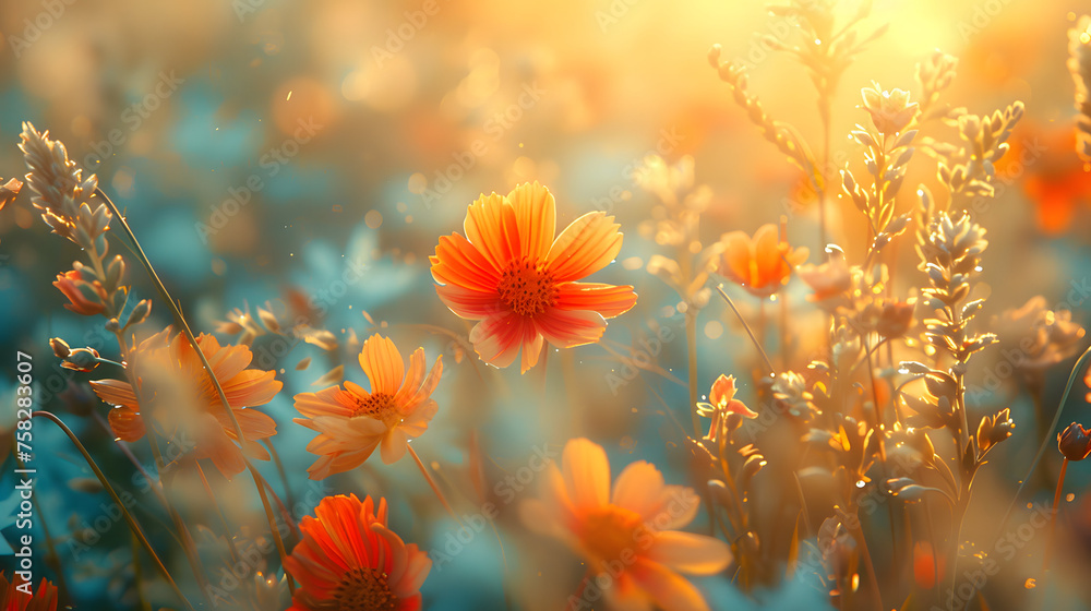 A serene field of vibrant orange wildflowers basks in the golden light of a setting sun, evoking warmth and tranquility A serene field of vibrant orange wildflowers basks in the golden light of a setting sun, evoking warmth and tranquility