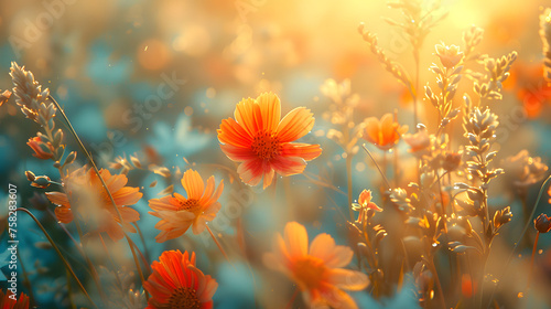 A serene field of vibrant orange wildflowers basks in the golden light of a setting sun, evoking warmth and tranquility