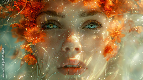 Surreal digital artwork of a woman submerged in water with orange flowers around her face