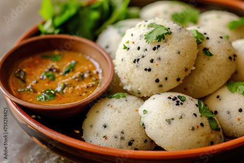 A plate of idli, a savory cake made by steaming a batter consisting of fermented black lentils and rice. It is a staple food in South Indian cuisine