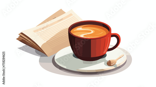 A steaming cup of coffee with a newspaper rolled up