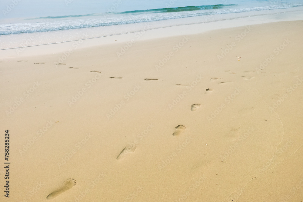 Footprints of human feet on the sand near the water on the beach. Footprints of human feet on the sand near the water on the beach.