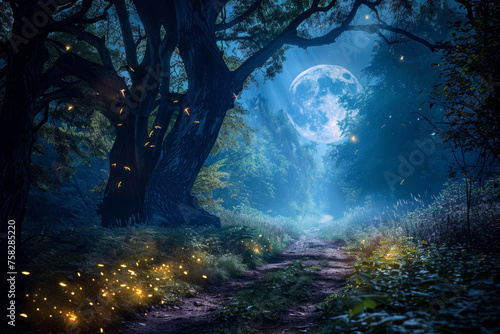 A moonlit night with fireflies illuminating the path through an ancient forest