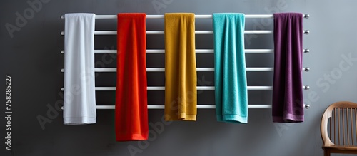 Several towels are neatly displayed on a rectangular rack attached to a wooden wall. The towels vary in color  including electric blue  magenta  and other vibrant hues