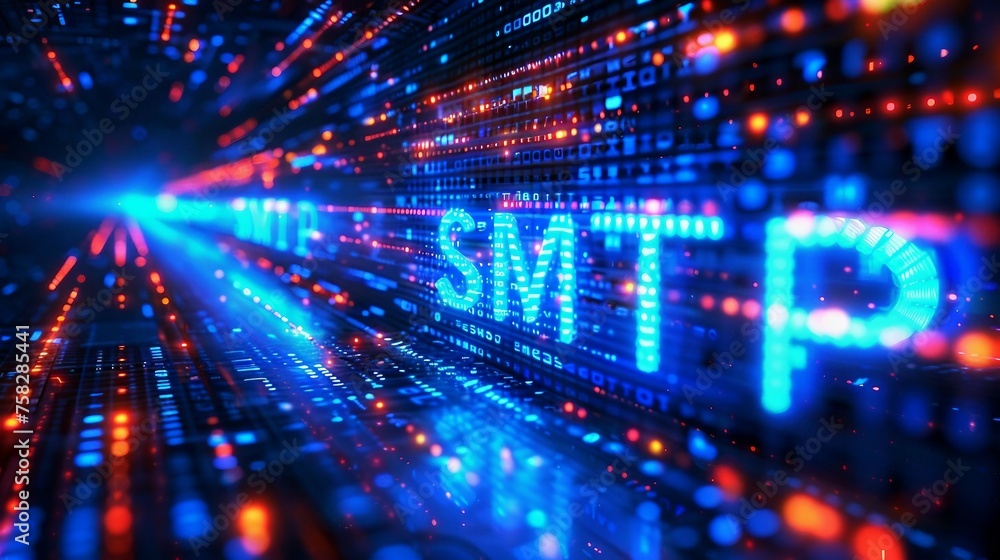 Digital blue matrix binary code forms the acronym SMTP , symbolizing the concept of Simple Mail Transfer Protocol .
 - obrazy, fototapety, plakaty 
